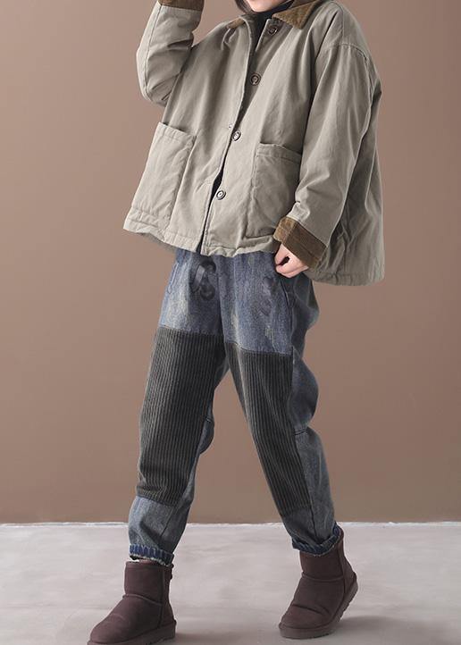 Lapel Patchwork Fine Coat Army Green Cotton Outwears