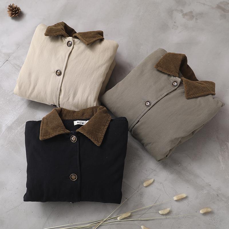 Lapel Patchwork Fine Coat Army Green Cotton Outwears