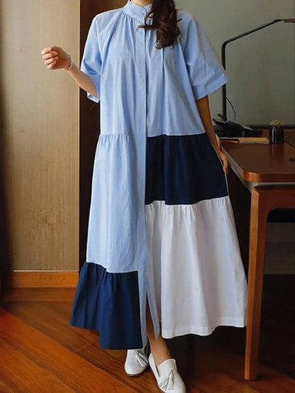Lapel Patchwork Cotton Clothes Runway Blue Dresses