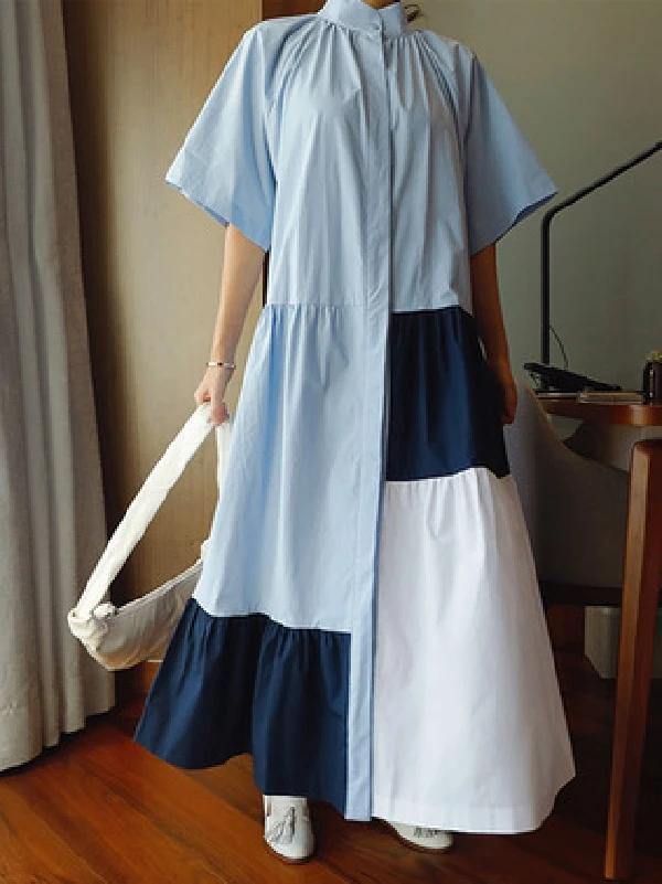 Lapel Patchwork Cotton Clothes Runway Blue Dresses
