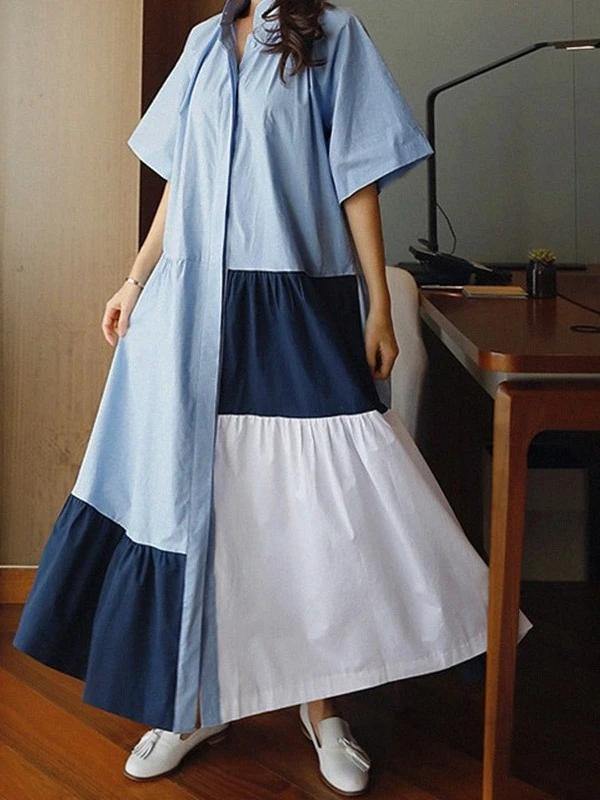 Lapel Patchwork Cotton Clothes Runway Blue Dresses