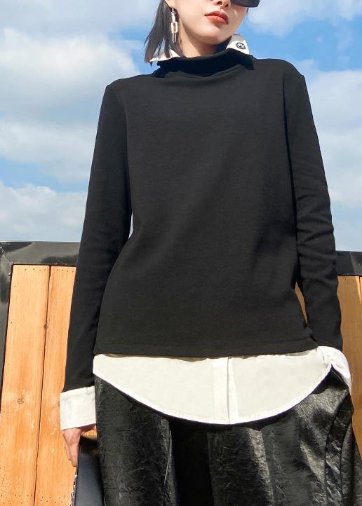 Lapel Patchwork Spring Top Silhouette Work Outfits Black Blouses