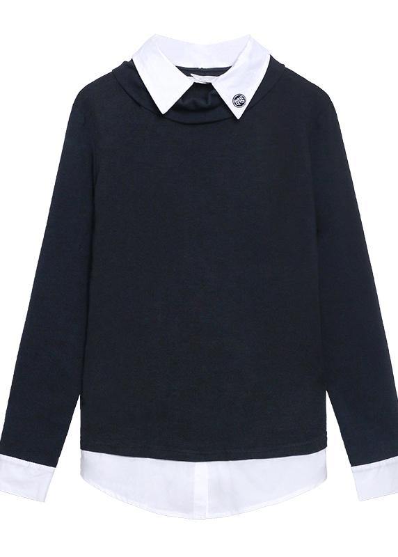 Lapel Patchwork Spring Top Silhouette Work Outfits Black Blouses