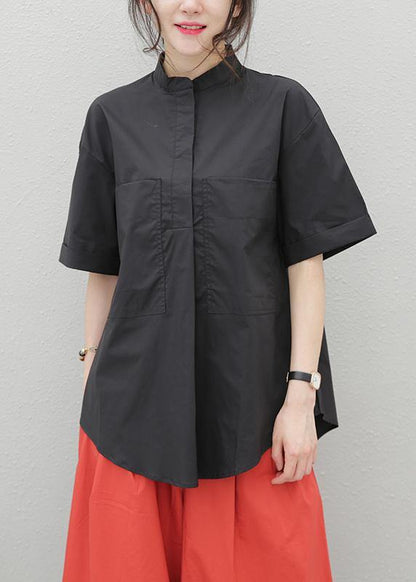 Lapel Pockets Cotton Tops Tutorials Black Blouses