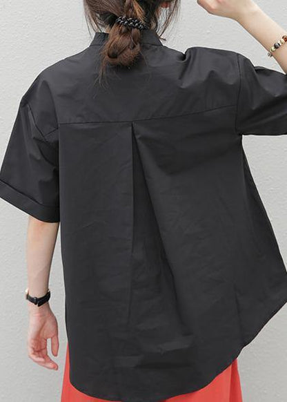 Lapel Pockets Cotton Tops Tutorials Black Blouses