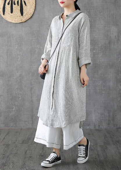 Lapel Pockets Linen Clothes Photography Gray Striped Dress