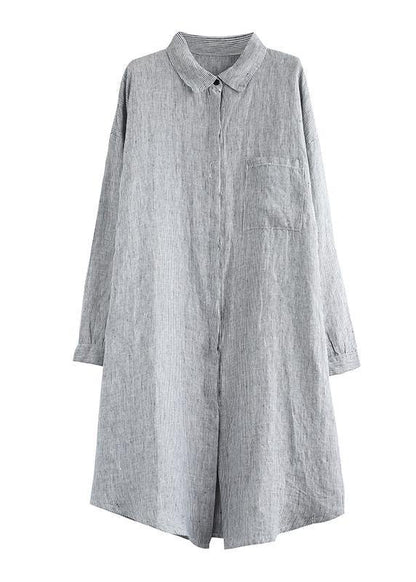 Lapel Pockets Linen Clothes Photography Gray Striped Dress