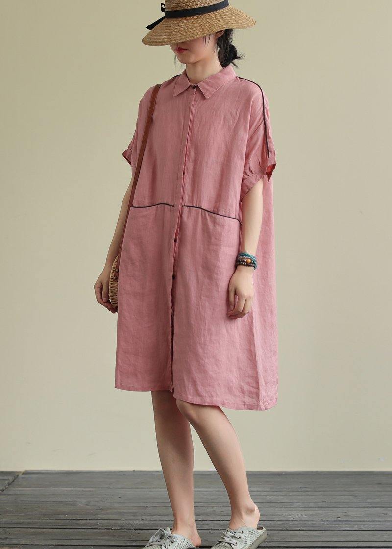 Lapel Pockets Linen Summer Dresses Runway Pink Dress