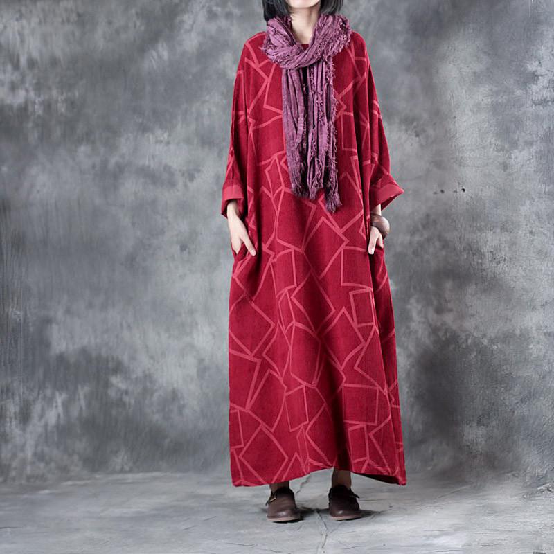 Linen Clothes for Fine Linen Three Quarter Sleeve Geometry Pattern Red Dress