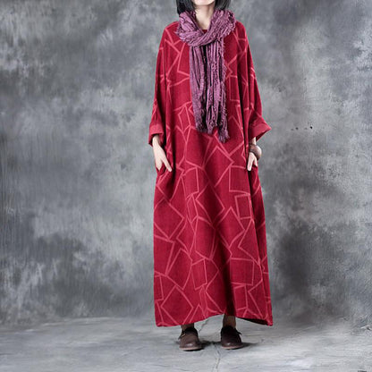Linen Clothes for Fine Linen Three Quarter Sleeve Geometry Pattern Red Dress