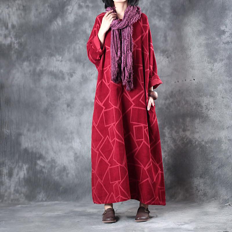 Linen Clothes for Fine Linen Three Quarter Sleeve Geometry Pattern Red Dress