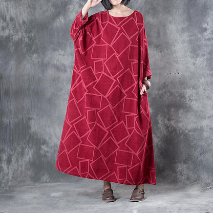 Linen Clothes for Fine Linen Three Quarter Sleeve Geometry Pattern Red Dress