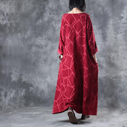 Linen Clothes for Fine Linen Three Quarter Sleeve Geometry Pattern Red Dress