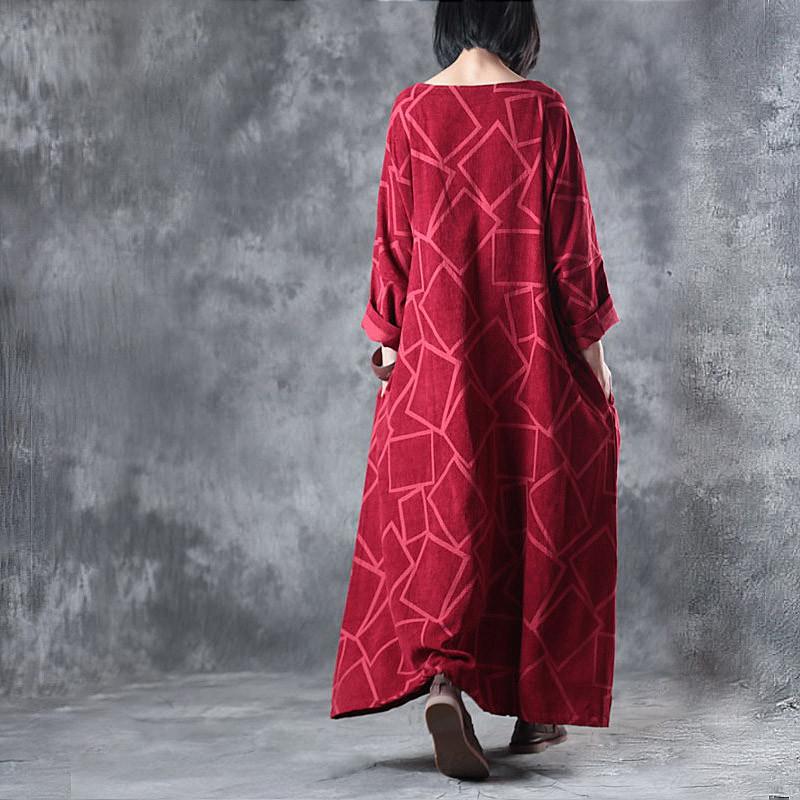 Linen Clothes for Fine Linen Three Quarter Sleeve Geometry Pattern Red Dress