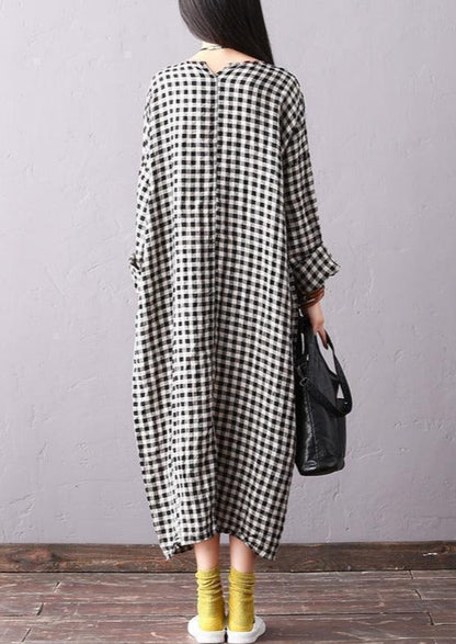 Linen Dresses Batwing Sleeve Round Neck Plaid Black Dress