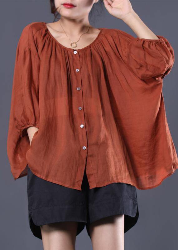 Linen Tunic Top Single Breasted Batwing Sleeve Blouse