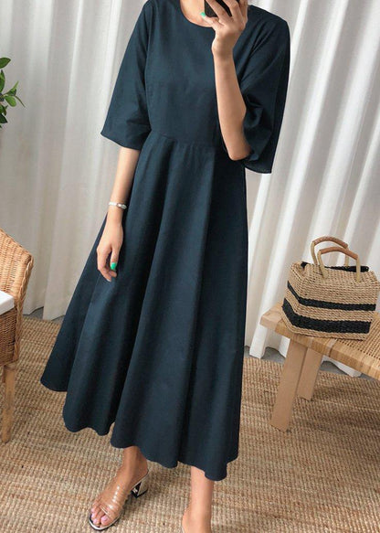 Navy Linen Cotton Quilting Clothes Flare Sleeve Bow Art Summer Dress