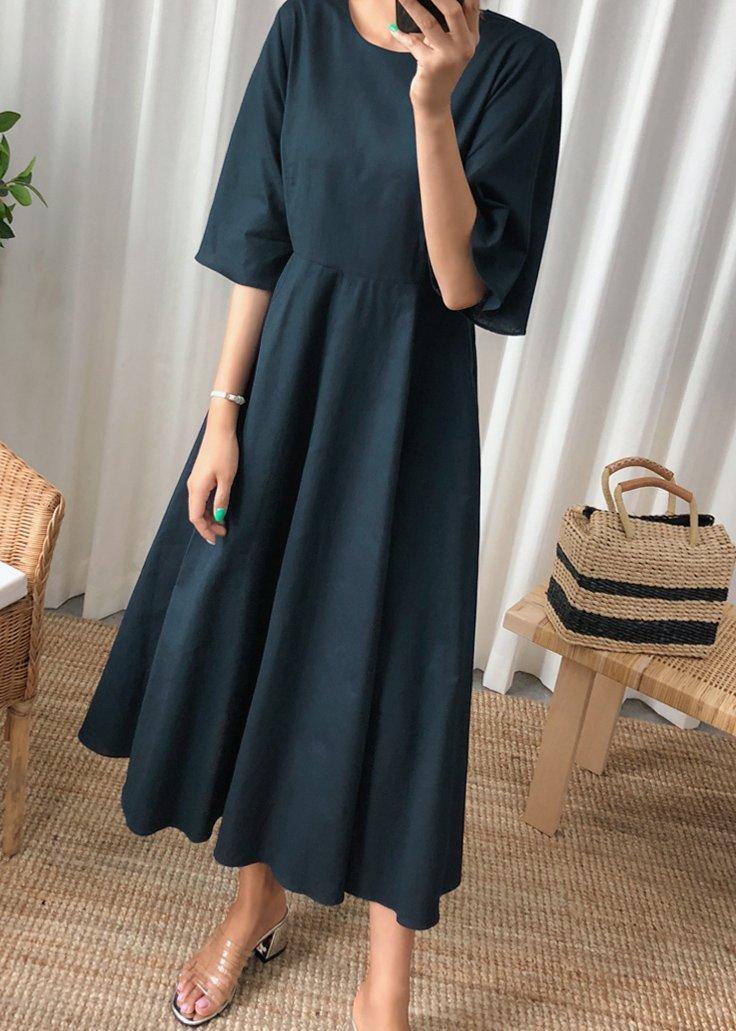 Navy Linen Cotton Quilting Clothes Flare Sleeve Bow Art Summer Dress