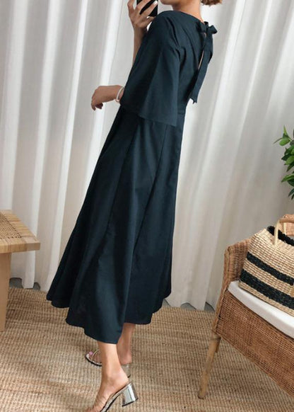 Navy Linen Cotton Quilting Clothes Flare Sleeve Bow Art Summer Dress