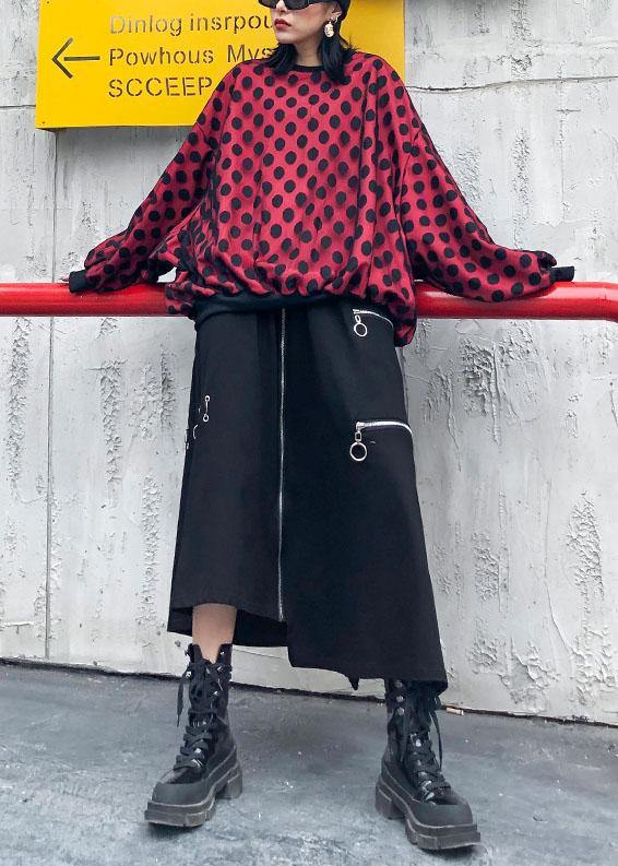 O Neck Batwing Sleeve Cotton Shirts Outfits Red Dotted Shirt