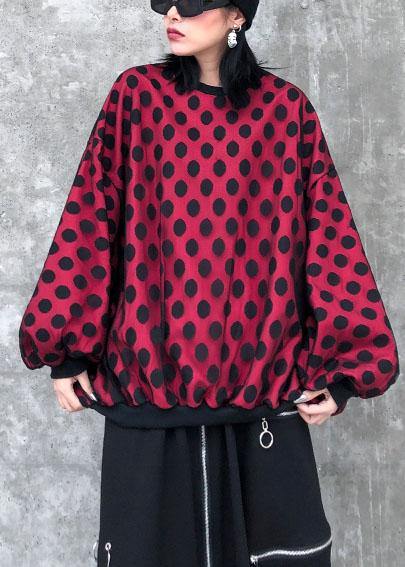 O Neck Batwing Sleeve Cotton Shirts Outfits Red Dotted Shirt
