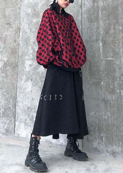 O Neck Batwing Sleeve Cotton Shirts Outfits Red Dotted Shirt