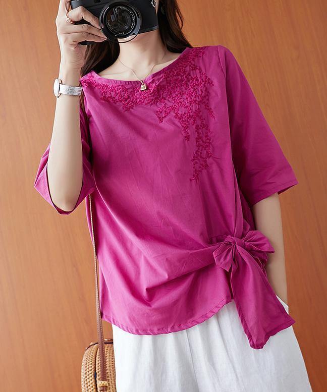 O Neck Bow Shirts Outfits Rose Embroidery Shirts
