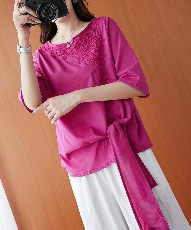 O Neck Bow Shirts Outfits Rose Embroidery Shirts
