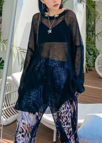 O Neck Hollow Out Summer Crane Tops Sewing Black Tops
