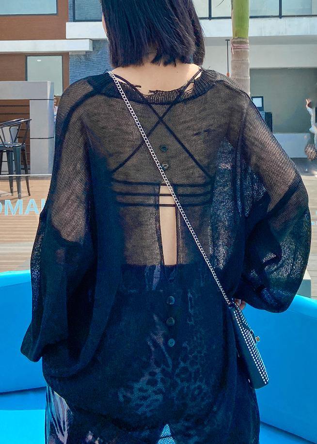 O Neck Hollow Out Summer Crane Tops Sewing Black Tops