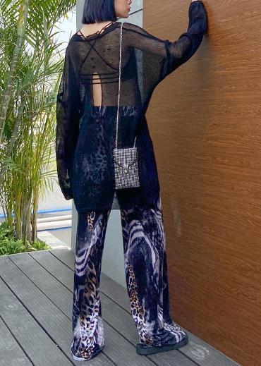 O Neck Hollow Out Summer Crane Tops Sewing Black Tops