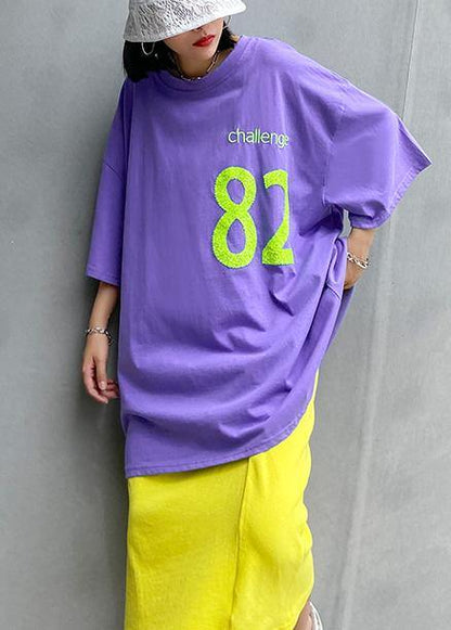 O Neck Baggy Cotton Crane Tops Pattern Letter Tops