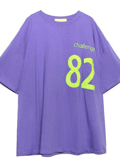 O Neck Baggy Cotton Crane Tops Pattern Letter Tops