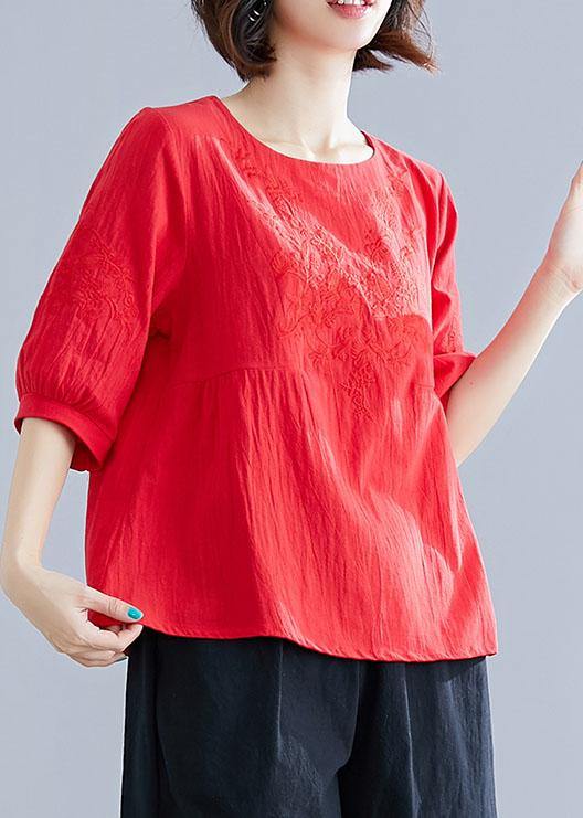 O Neck Embroidery Cotton Shirts Ideas Red Tops Summer