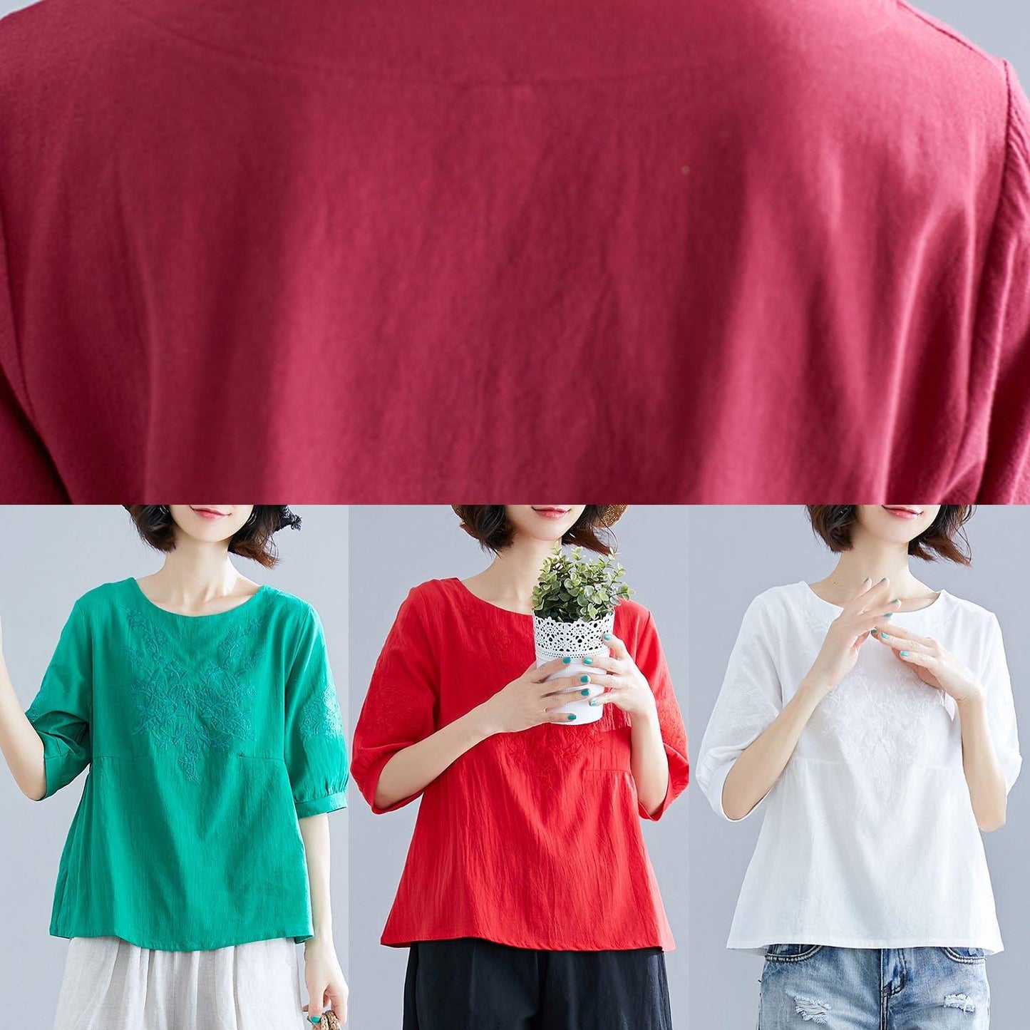 O Neck Embroidery Cotton Shirts Ideas Red Tops Summer