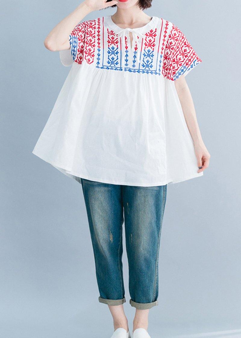 O Neck Embroidery Cotton Linen Tops Silhouette White Midi Tops Summer