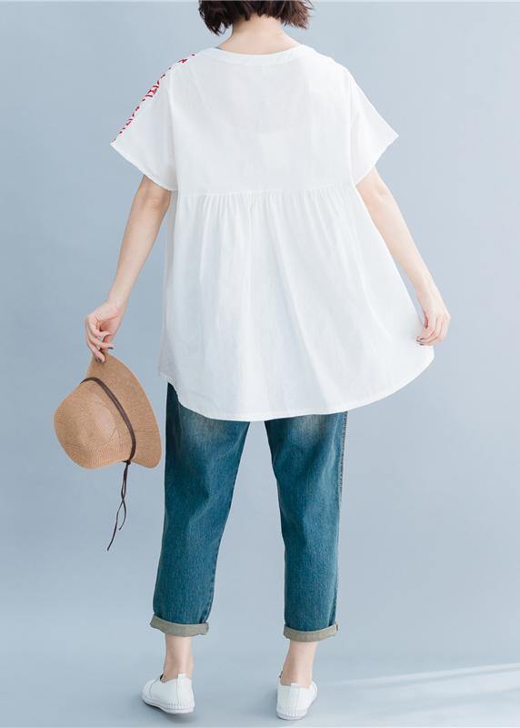 O Neck Embroidery Cotton Linen Tops Silhouette White Midi Tops Summer