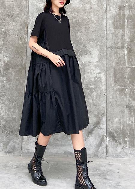 O Neck Cinched Cotton Summer Clothes for Shape Black Dress