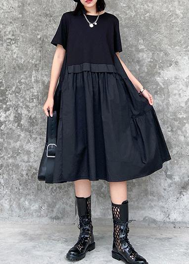 O Neck Cinched Cotton Summer Clothes for Shape Black Dress