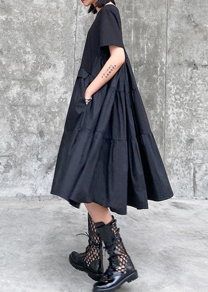 O Neck Cinched Cotton Summer Clothes for Shape Black Dress
