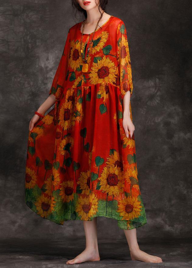 O Neck Cinched Chiffon Dress Pattern Red Print Dress Summer