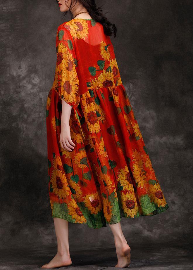 O Neck Cinched Chiffon Dress Pattern Red Print Dress Summer