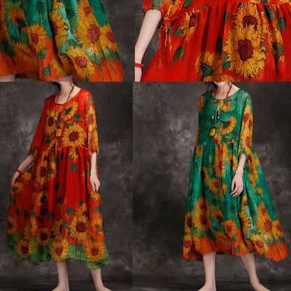 O Neck Cinched Chiffon Dress Pattern Red Print Dress Summer
