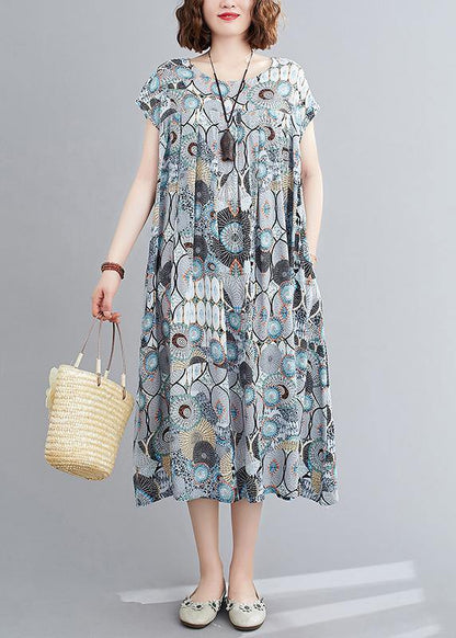 O Neck Cinched Summer Clothes Inspiration Blue Print Dresses