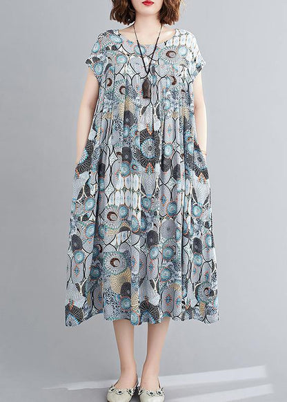 O Neck Cinched Summer Clothes Inspiration Blue Print Dresses