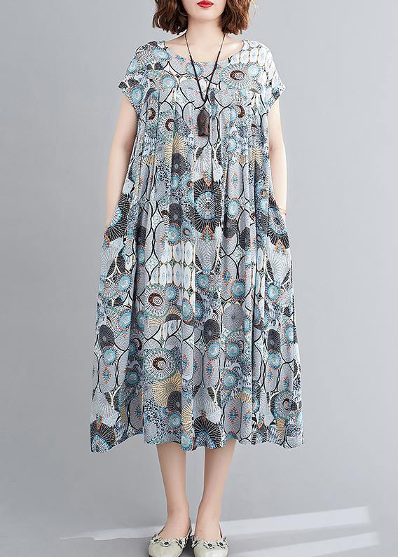 O Neck Cinched Summer Clothes Inspiration Blue Print Dresses