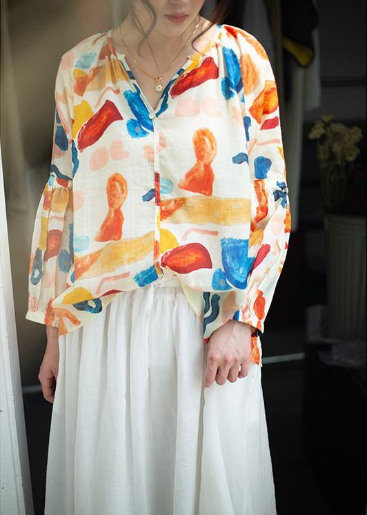 Orange Print Clothes V Neck Low High Design Summer Blouse