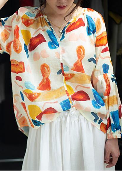Beautiful orange print clothes v neck low high design summer blouse