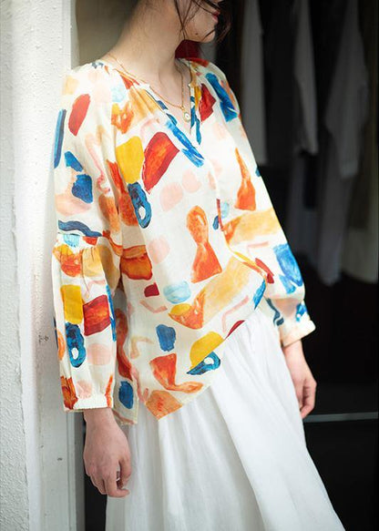 Beautiful orange print clothes v neck low high design summer blouse