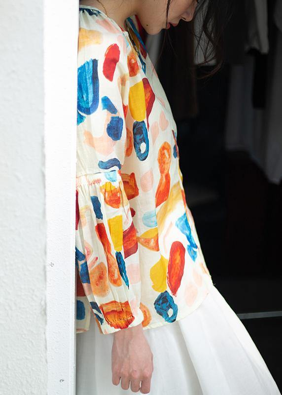 Orange Print Clothes V Neck Low High Design Summer Blouse
